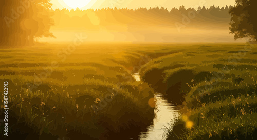 Serene landscape with golden sunrise illuminating a stream through meadows