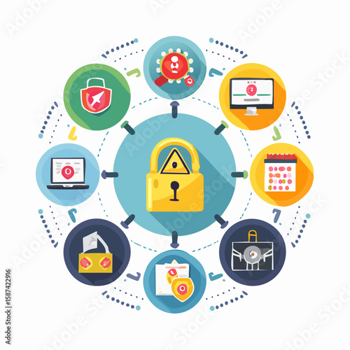 Flat vector icon pack of internet-related hazards: DDOS attack, malware injection, phishing, unauthorized access, and data breach