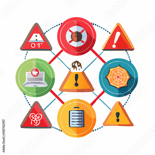 Flat vector icon pack of internet-related hazards: DDOS attack, malware injection, phishing, unauthorized access, and data breach