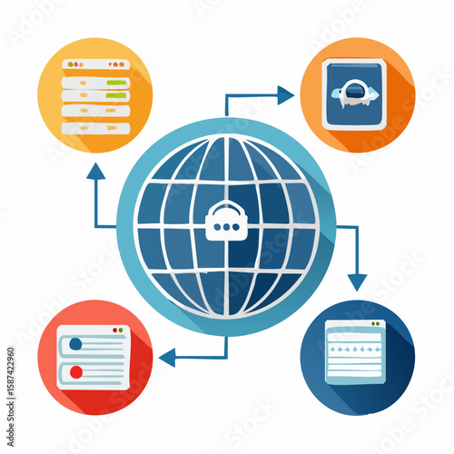 Flat design icons representing common networking protocols: TCP/IP, HTTP, FTP, DNS server, and IP address, simple tech-oriented visuals