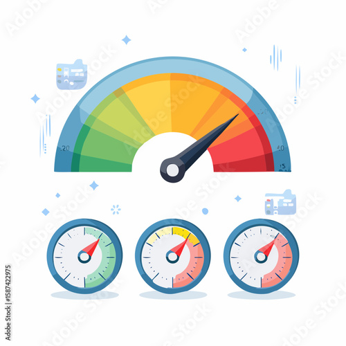 Flat vector icon set of internet speed and performance tools: bandwidth meter, latency icon, speed test gauge, connection drop, and data packet