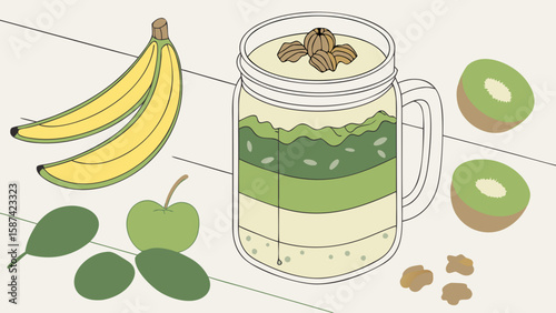 Illustration of a layered smoothie in a mason jar with bananas and kiwi on a white wooden surface