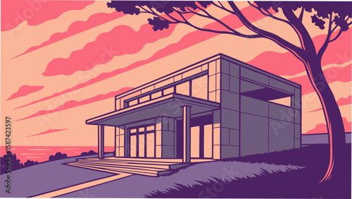 Illustration of a modern house with sunset sky and tree in the foreground on a hill landscape