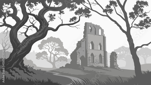 Ruined building in a landscape with trees and fog in a monochromatic color scheme illustration