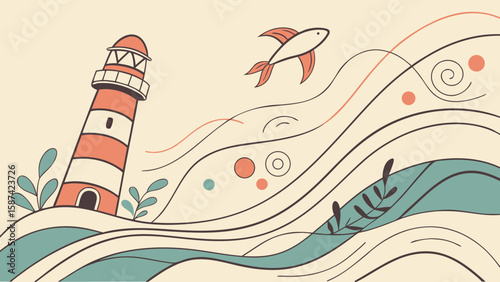Illustration of a lighthouse with a fish and waves in a stylized design on a light beige background
