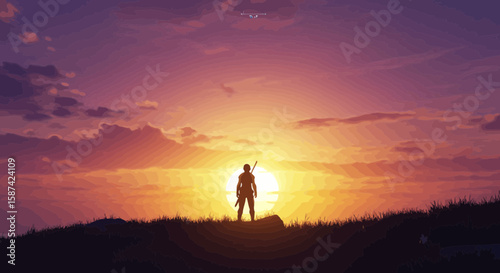 Silhouette of a warrior standing at sunset, a hopeful exploration of bravery