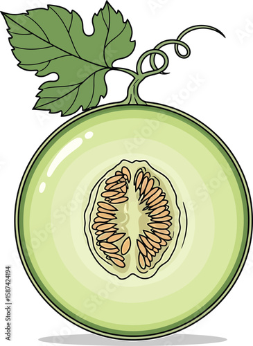 A halved honeydew melon showcasing its seeds and vibrant green flesh, attached to a vine with a leaf.