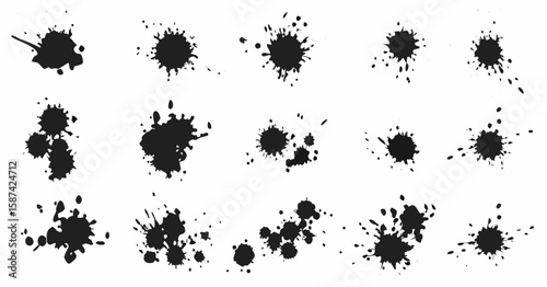 Vector  collection of fifteen black ink splatters and blots scattered across a white background in a random pattern