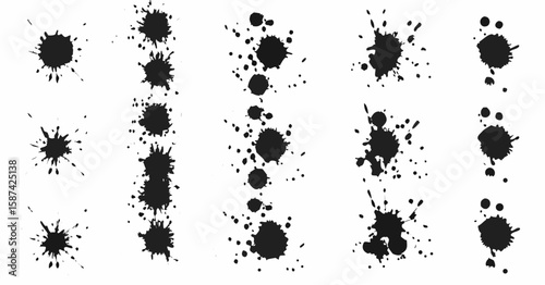 Vector  collection of black ink blots and splatters arranged on a white background showing abstract shapes