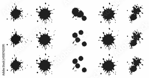 Vector  collection of various black ink splatters and blots arranged on a white background in a grid pattern