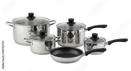 Stainless steel cookware set pots and pans isolated on transparent background
