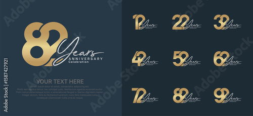 Anniversary logo set vector design, gold and silver color for celebration event