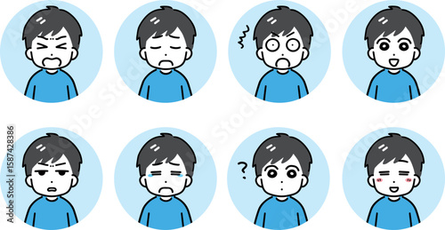 若い男性のいろんな表情の丸いアイコンのセット(上半身)	