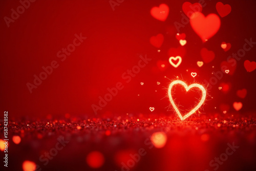 Valentines Day abstract background and love concept. Red heart shape, glittering light elements with bokeh decorations design for romantic background.
