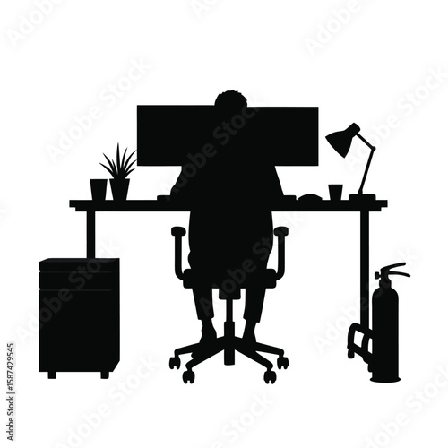 Person at desk with computer and fire extinguisher silhouette monitor