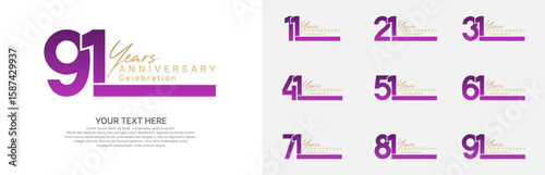 Anniversary logo set vector design, purple and golden color for celebration event