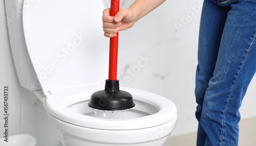 A person's hand holds a red handled black plunger inside a white toilet bowl with water splashing