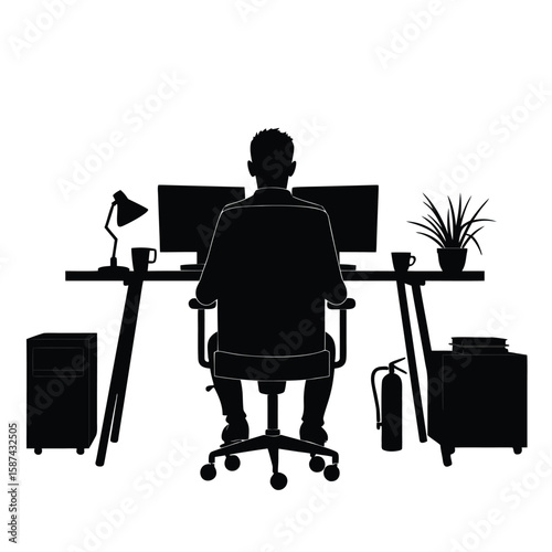 Person working at desk with computers and office equipment silhouette