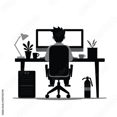 Person working at desk with computer and fire extinguisher monitor keyboard