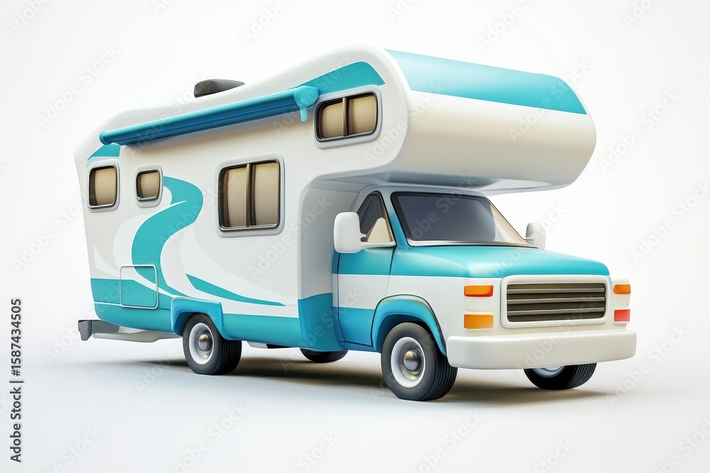 Naklejka premium RV Camping - Using a recreational vehicle (RV) to camp with the comfort of home amenities. isolated in 3d cartoon character on white background