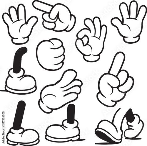 Retro cartoon legs and hands, Hands with gloves and feet with boots, various poses for characters, a set of poses, gestures, placement of hands and feet. Mascot character set. Cartoon set of limbs.