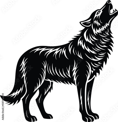 Black wolf howling with detailed fur and sharp teeth animal white