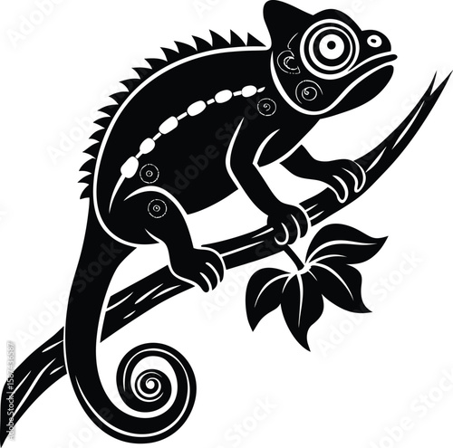 Stylized black chameleon perched on a branch with leaves reptile