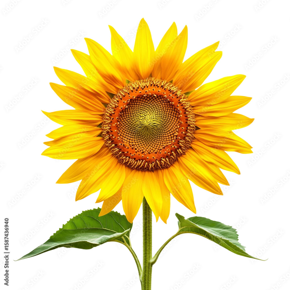 Fototapeta premium Bright yellow sunflower blossom with green leaves isolated on a white background