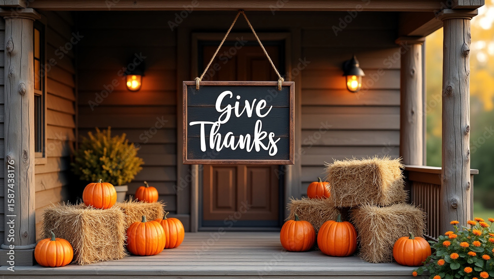 Obraz premium A charming thanksgiving porch scene showcases pumpkins, hay bales, and a give thanks sign, creating a warm and inviting autumn ambiance