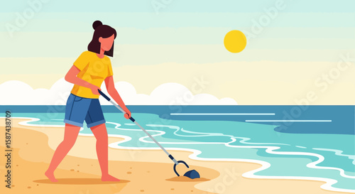 A woman cleans up trash on a sandy beach using a grabber tool under a bright sun, promoting environmental awareness and conservation.