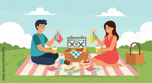 Couple enjoying a picnic lunch in a park, holding picnic basket items.