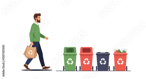 Man walking with reusable bag, sorting trash into different recycling bins.