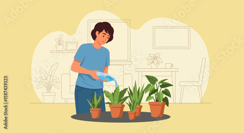 Person carefully watering potted houseplants indoors, home gardening, plant care.
