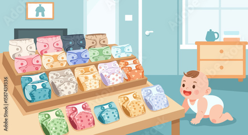 A cheerful baby crawls towards a display of colorful, patterned cloth diapers in a nursery.