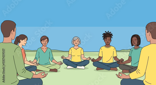 Group of diverse people meditating in a circle, practicing mindfulness outdoors on a sunny day.