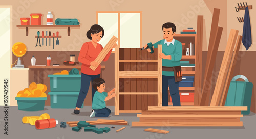 A family works together in their garage to build a wooden bookshelf, the father using a drill while the mother and son assist.