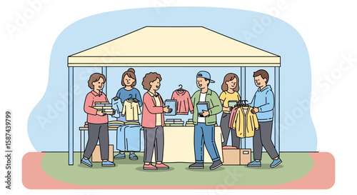 Busy outdoor clothing sale with customers browsing and vendors assisting.