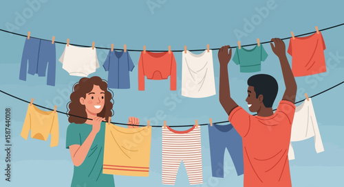 Happy couple hanging laundry outdoors, clothesline, teamwork, domestic chores, sunlight, smiling faces.