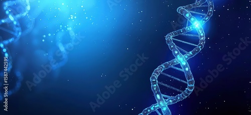A glowing DNA double helix structure against a deep blue background, used for scientific research institutions and hospital health consultation brochures.	