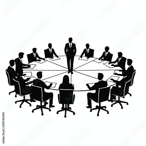 Business meeting discussion around a circular table people silhouettes