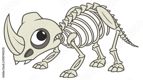 Cartoonish rhinoceros skeleton with large eye and horn standing on four legs in pale coloration