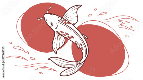 Illustration of a koi fish swimming with red circles in the background and water splashes around it