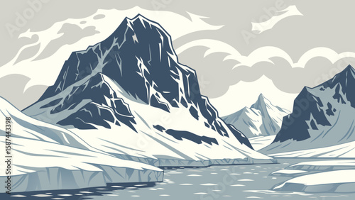 Illustration of a stark arctic landscape with mountains, ice floes, and a cloudy sky scene view