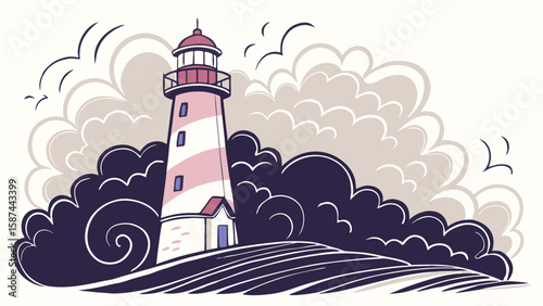 Illustration of a lighthouse with pink stripes against a cloudy sky and stylized ocean waves