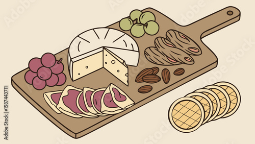 Still life of cheese grapes meat and crackers on a wooden board perfect for a charcuterie spread
