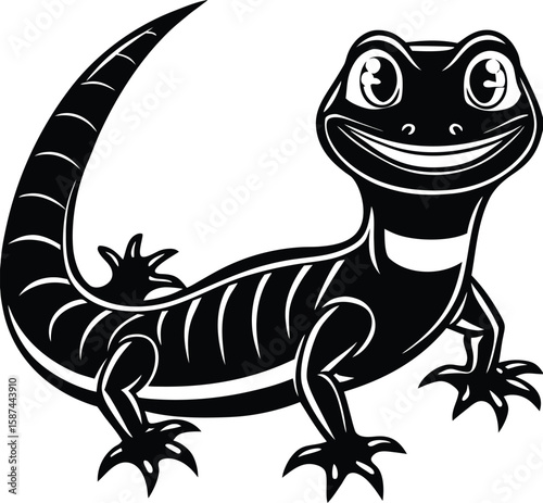 Happy black lizard with big eyes and long tail white cute