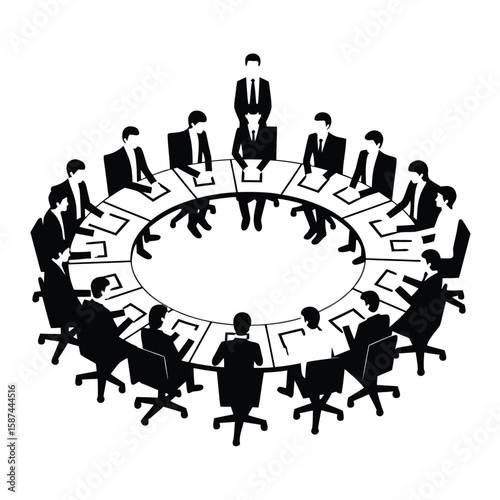 Business meeting with people around a circular table discussion