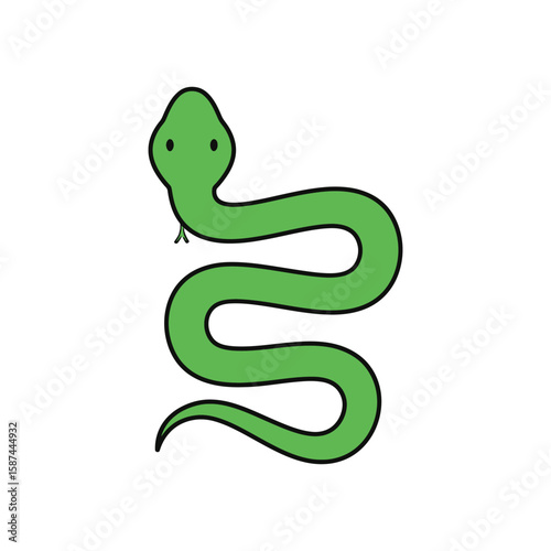 A green cartoon snake is coiled and isolated on white background, representing a simple and stylized reptile illustration
