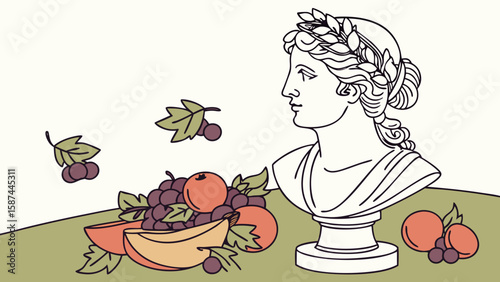 Illustration of a bust with a laurel wreath next to a bowl of fruit and scattered leaves and berries