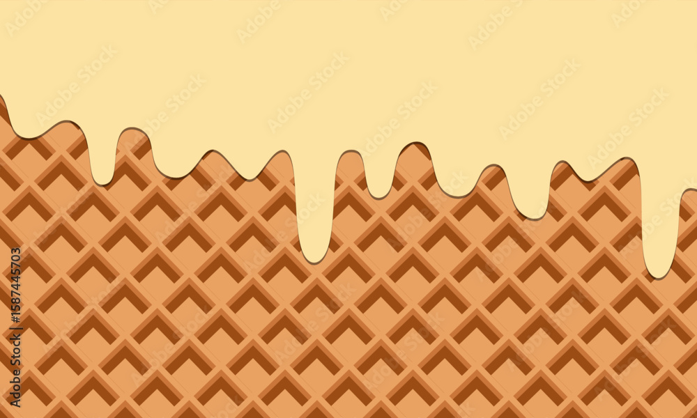 Seamless pattern with melting waffles and cream. Splashes of white milk or streams of soft-textured ice cream for a sweet dessert design